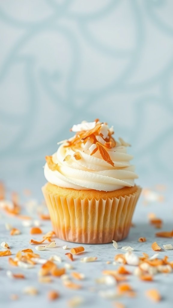 Toasted coconut cupcake with frosting and coconut flakes on top