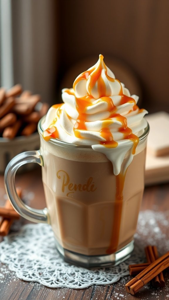A delicious Toasted White Chocolate Mocha topped with whipped cream and caramel drizzles, served in a clear glass mug.