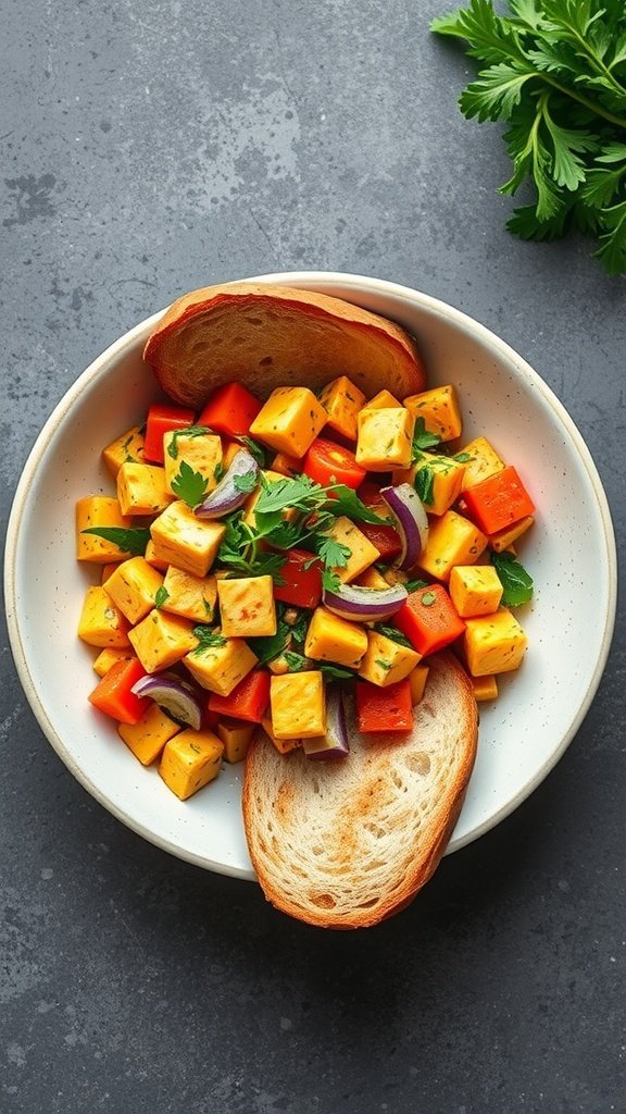 Bowl of tofu scramble with vegetables and a slice of toasted bread.