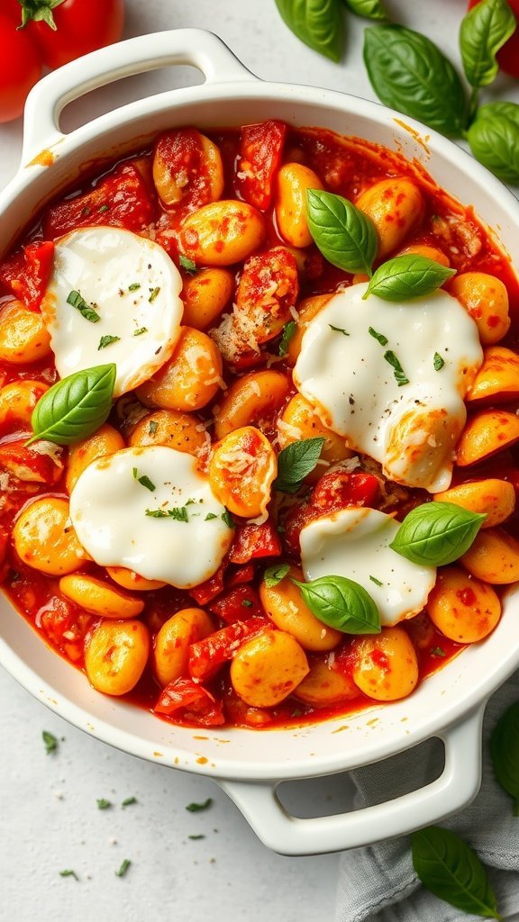 Baking dish filled with gnocchi in tomato sauce topped with mozzarella and basil.