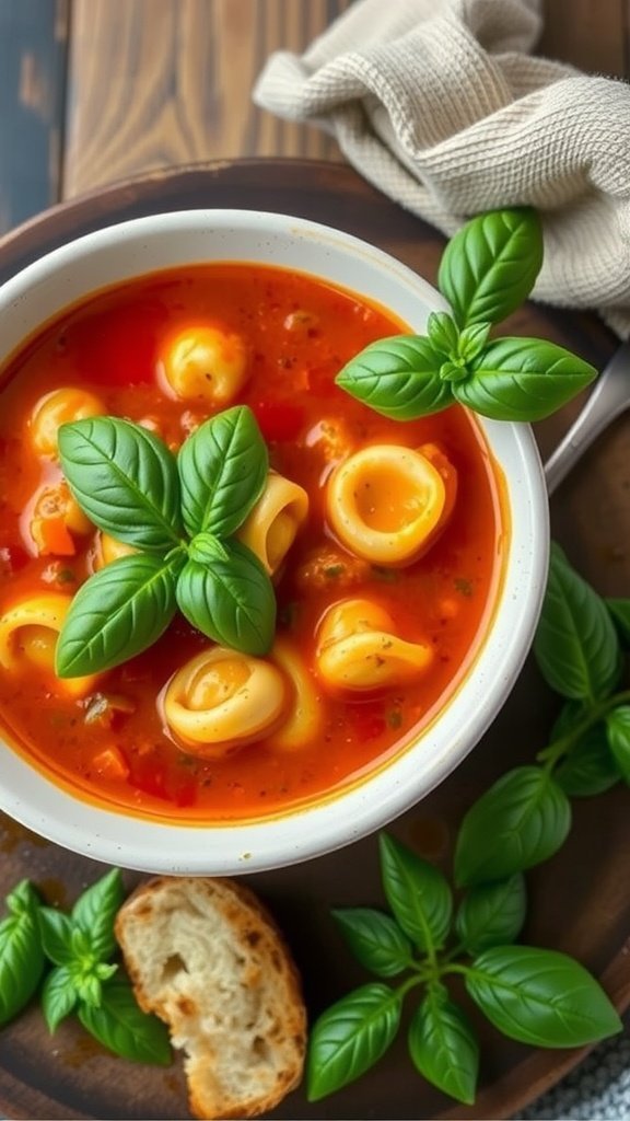 A bowl of Tomato Basil Tortellini Soup garnished with fresh basil leaves, served with a piece of bread.