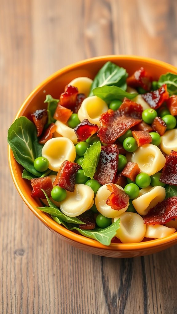 A colorful bowl of tortellini salad with bacon, peas, and greens.