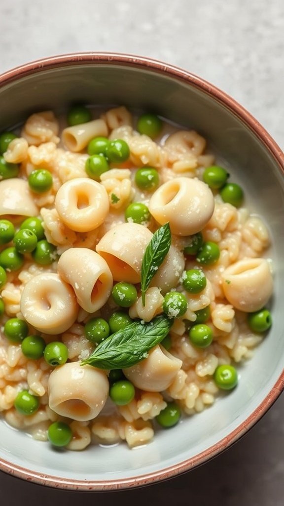 A bowl of tortellini and pea risotto garnished with fresh mint and parmesan cheese.