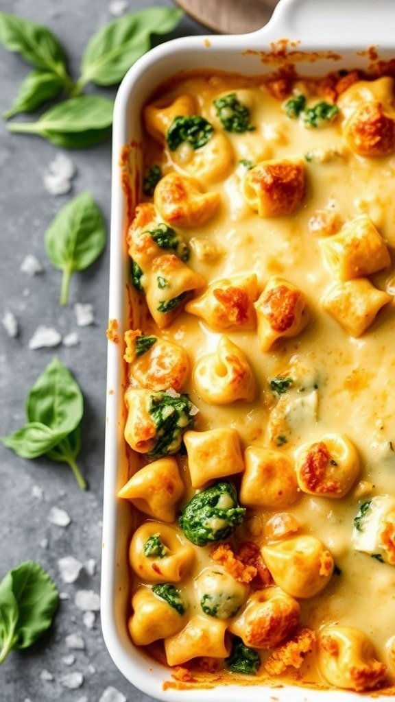 Baked tortellini and spinach casserole in a white dish, topped with melted cheese and scattered spinach leaves.