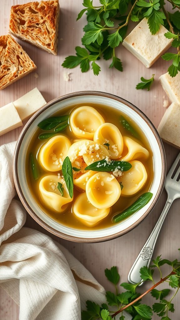 A bowl of tortellini in broth garnished with herbs, surrounded by bread and cheese.