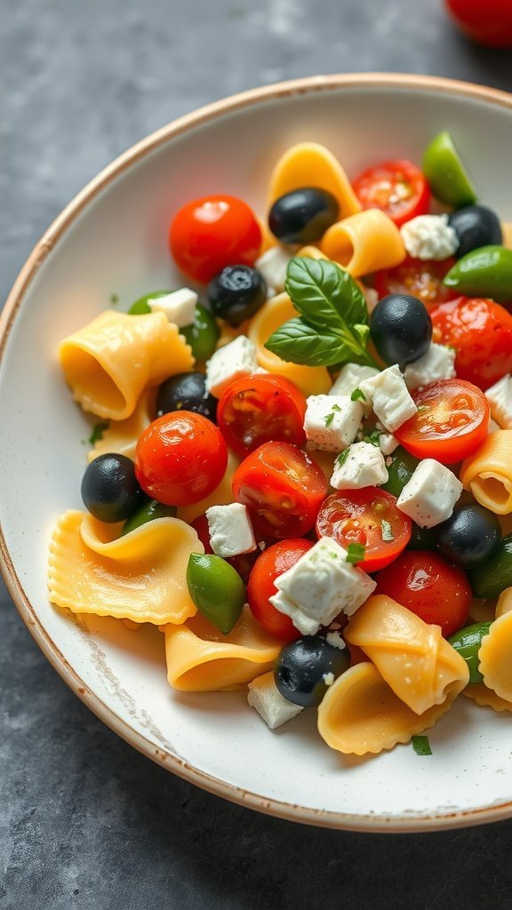 A colorful tortellini salad with cherry tomatoes, feta cheese, olives, and fresh herbs.