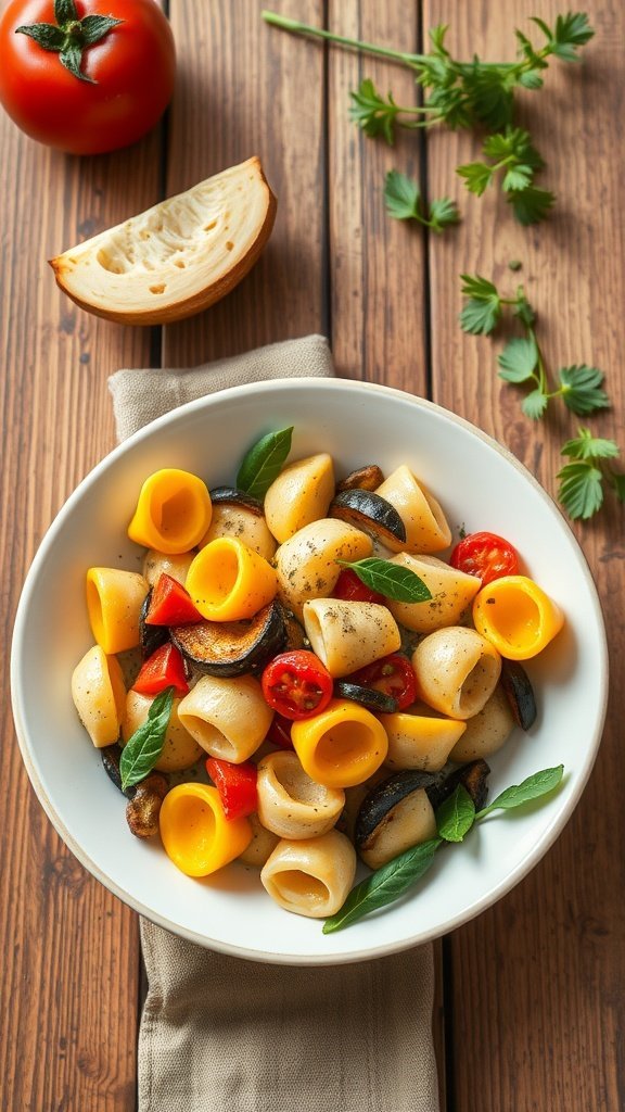 A bowl of tortellini with roasted vegetables, featuring colorful bell peppers, zucchini, and cherry tomatoes.