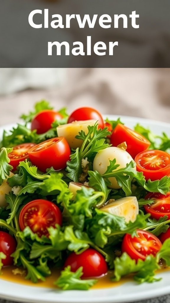 A colorful tossed green salad with cherry tomatoes and vinaigrette dressing.