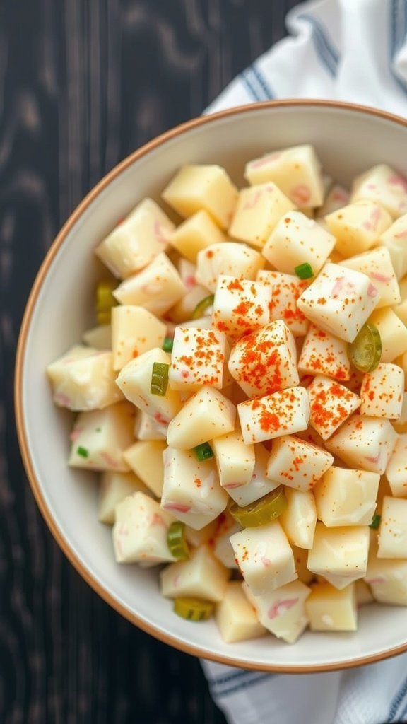 A bowl of potato salad with diced potatoes, creamy dressing, and paprika on top.
