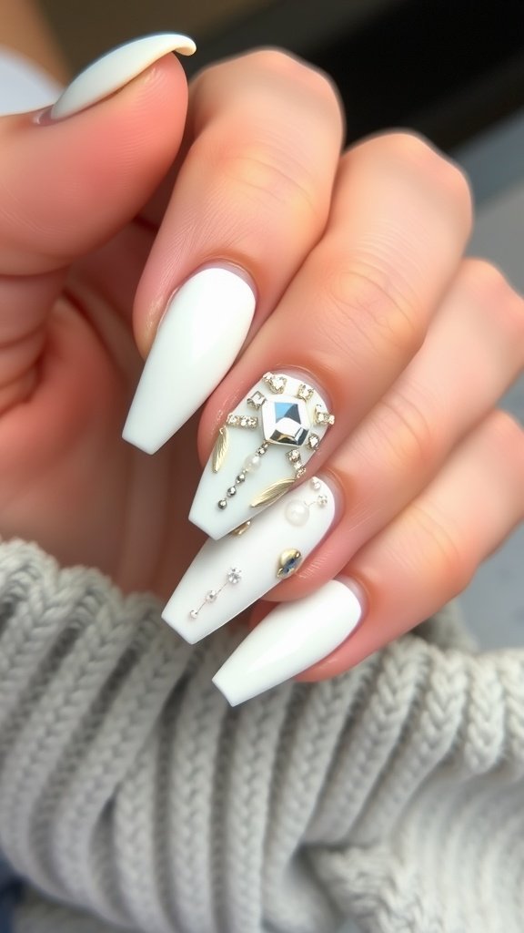 A hand displaying stylish long white nails with decorative embellishments.