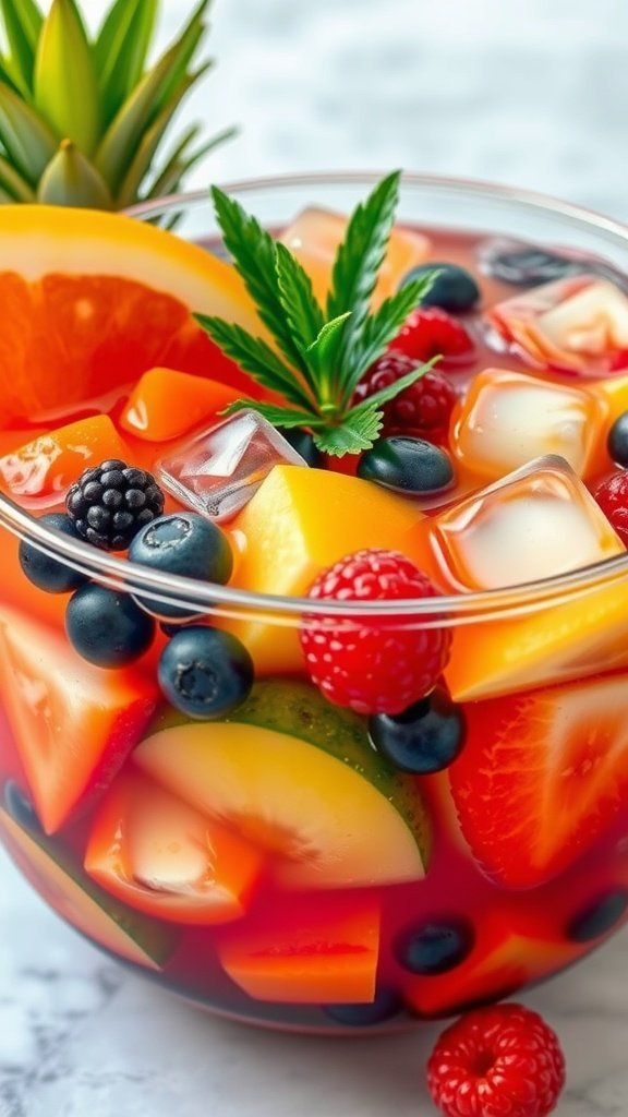 A colorful tropical fruit punch with a variety of fruits and ice.