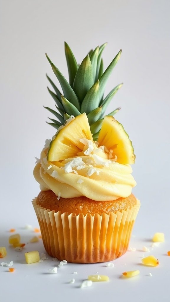 Tropical pineapple cupcake topped with fresh pineapple and coconut flakes