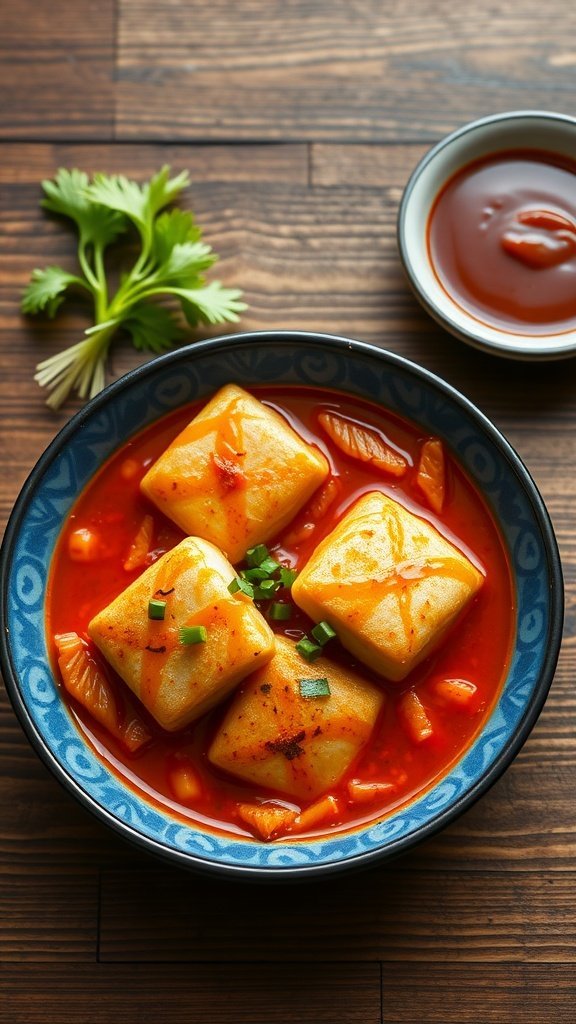 A bowl of tteokbokki with spicy rice cakes and green onions.