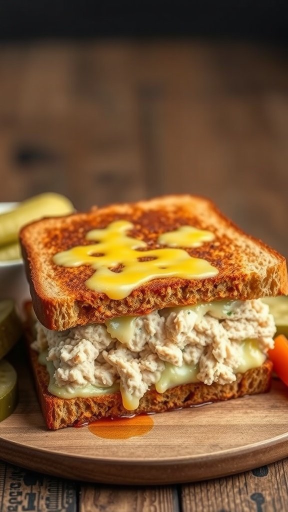 A delicious Tuna Melt sandwich made with rye bread, filled with creamy tuna salad and melted cheese, served with pickles.