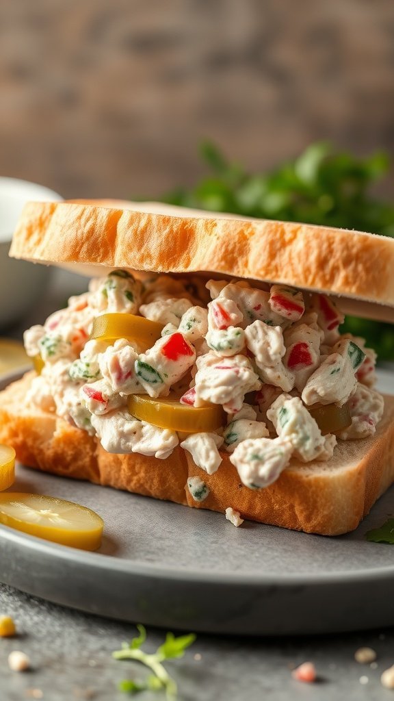A close-up of a tuna salad sandwich with pickles on slices of bread, garnished with fresh herbs.