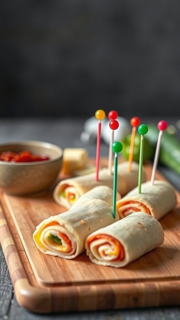A wooden board with turkey and cheese roll-ups, garnished with colorful toothpicks and a bowl of dipping sauce.
