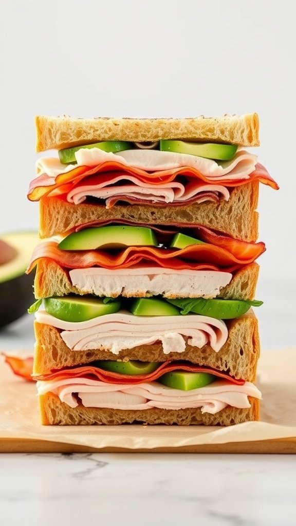A stacked Turkey Avocado Club Sandwich with turkey slices, avocado, and vegetables between slices of whole grain bread.