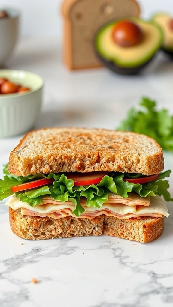 A close-up of a turkey avocado sandwich with layers of turkey, lettuce, and tomato on whole grain bread, with an avocado in the background.