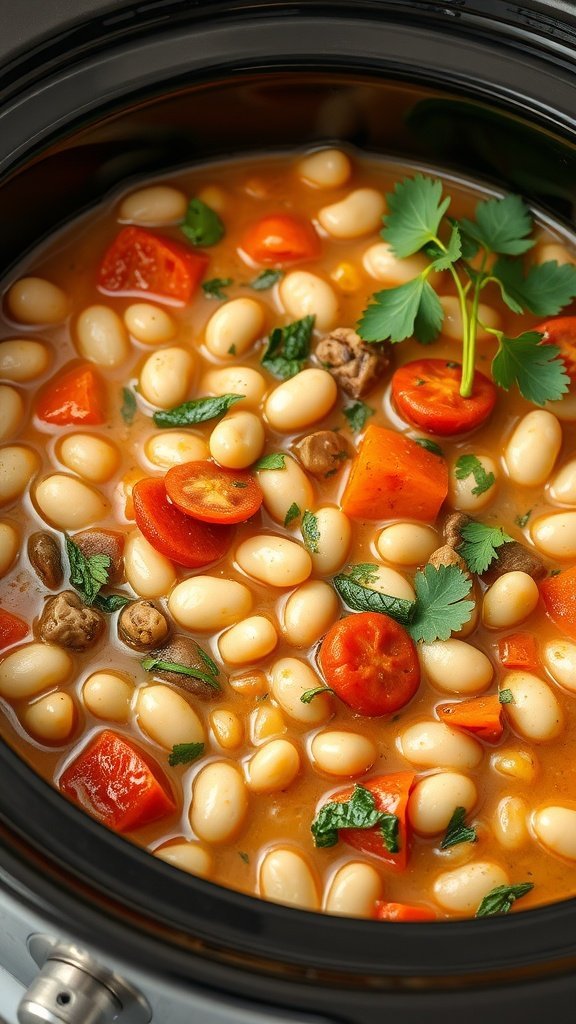 A close-up of Tuscan White Bean Stew in a crock pot, featuring white beans, red bell peppers, cherry tomatoes, and fresh cilantro.