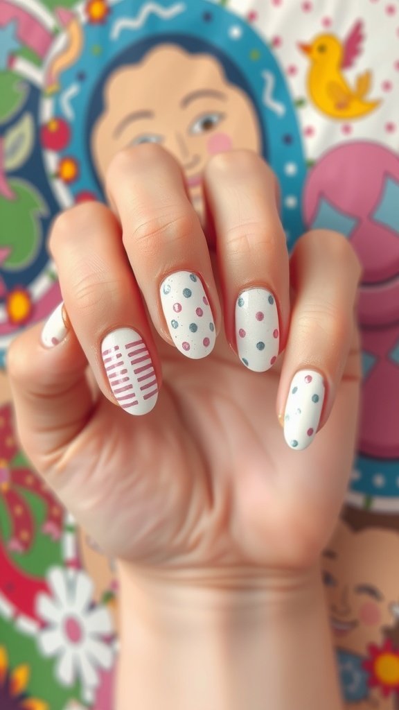A close-up of a hand with white nail polish featuring colorful dots and stripes on the nails, set against a vibrant background.