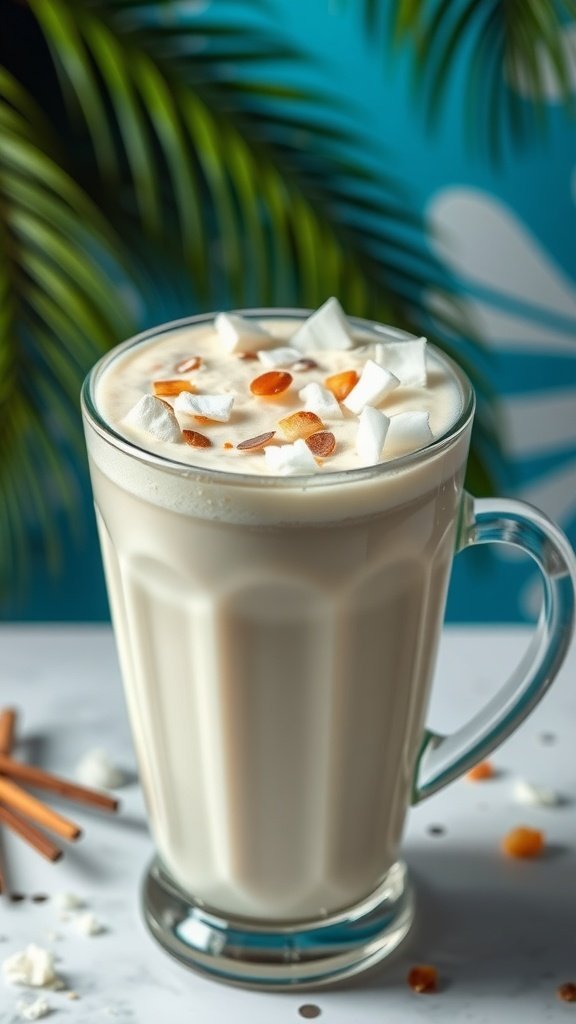 A refreshing Vanilla Bean Coconut Milk Latte topped with coconut pieces and almonds, set against a tropical background.
