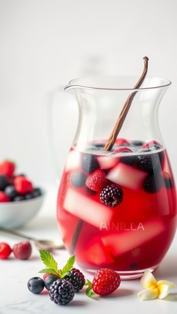 A pitcher of Vanilla Berry Sangria with fresh berries and a vanilla pod
