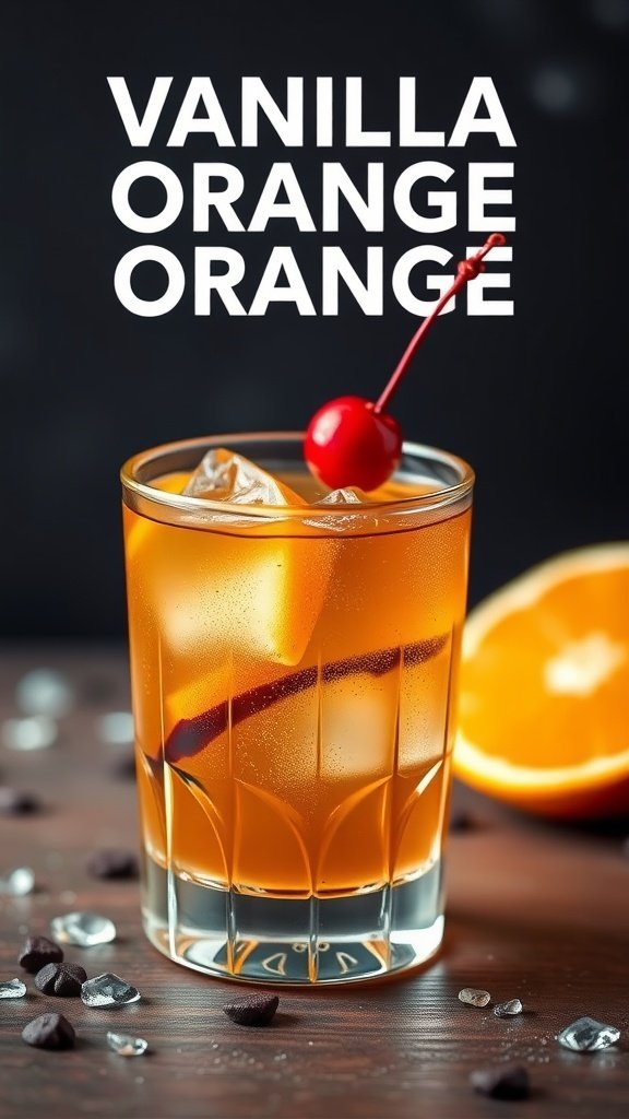 A refreshing Vanilla Orange Old Fashioned cocktail with a cherry garnish and an orange slice.