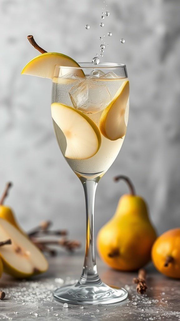 A refreshing Vanilla Pear Sparkler cocktail in a glass, garnished with pear slices and sparkling bubbles.