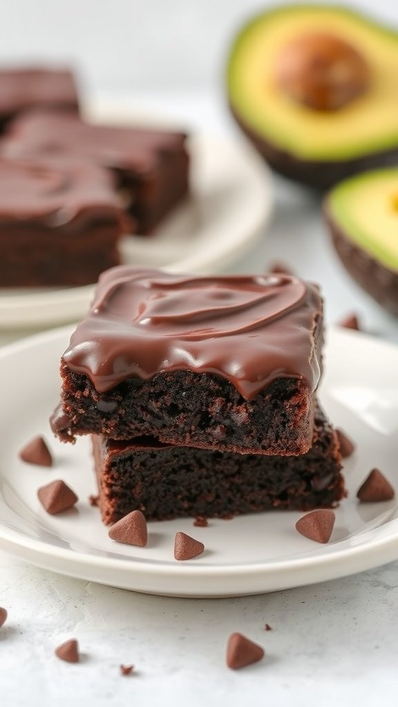 A close-up of vegan avocado brownies topped with chocolate glaze, with halved avocado in the background.