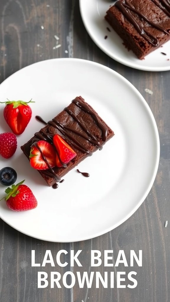 A plate of vegan black bean brownies with strawberries and blueberries.