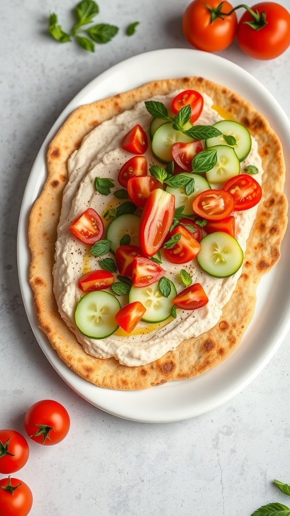 Vegan Mediterranean Flatbread topped with hummus, cucumber slices, cherry tomatoes, and mint leaves on a white plate