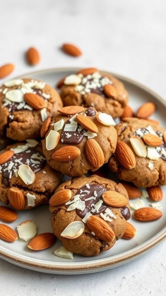 A plate of vegan no bake almond joy cookies topped with almonds and chocolate.