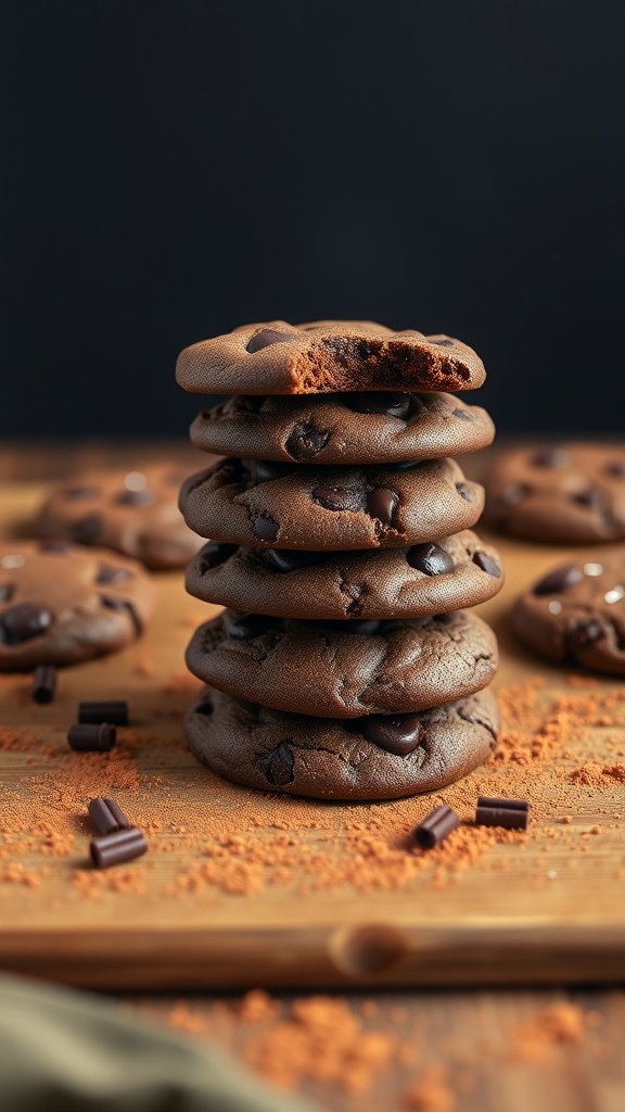 Stack of vegan no bake chocolate cookies on a wooden surface
