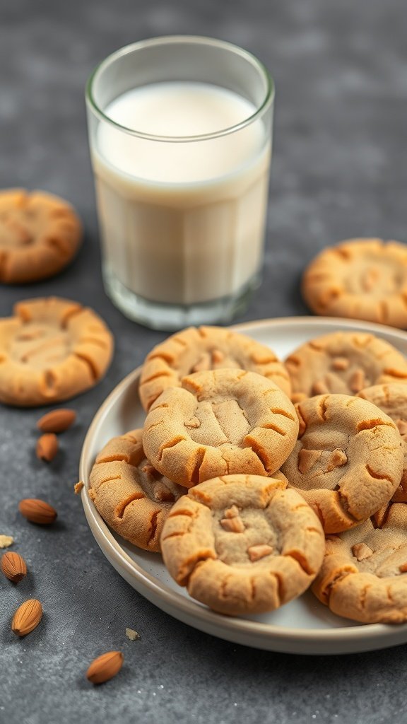 Plate of vegan peanut butter cookies with a glass of milk and scattered almonds