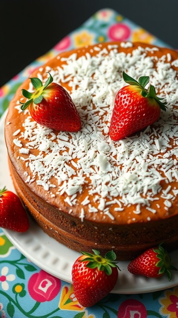 A delicious vegan strawberry coconut cake topped with fresh strawberries and shredded coconut on a colorful floral plate.