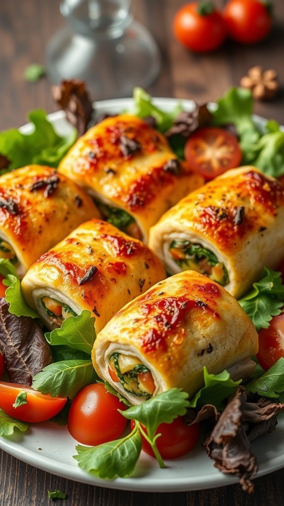 Plate of vegetable-stuffed baked chicken rolls with salad and cherry tomatoes