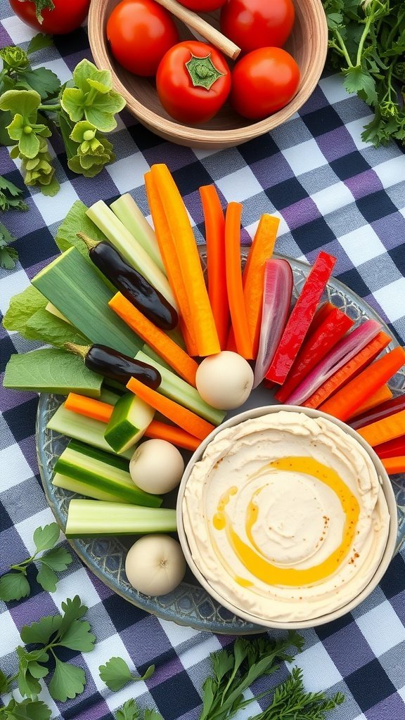 A platter of colorful vegetable crudités including carrots, celery, and bell peppers with a bowl of hummus.
