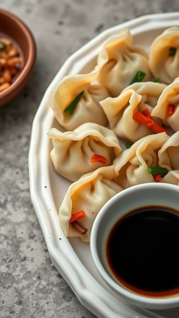 A plate of vegetable dumplings with a side of soy sauce