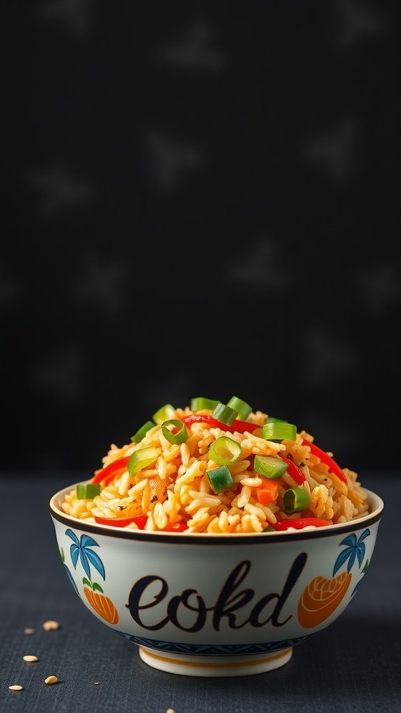 A bowl of vegetable fried rice with vibrant ingredients like bell peppers and green onions.