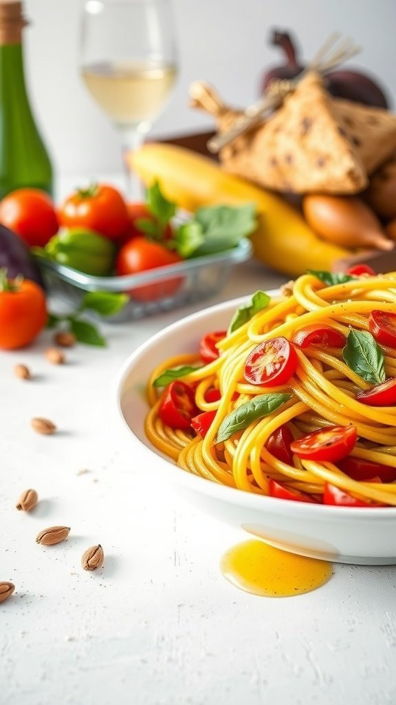 A bowl of Vegetable Primavera Spaghetti garnished with basil and cherry tomatoes, with fresh vegetables in the background.