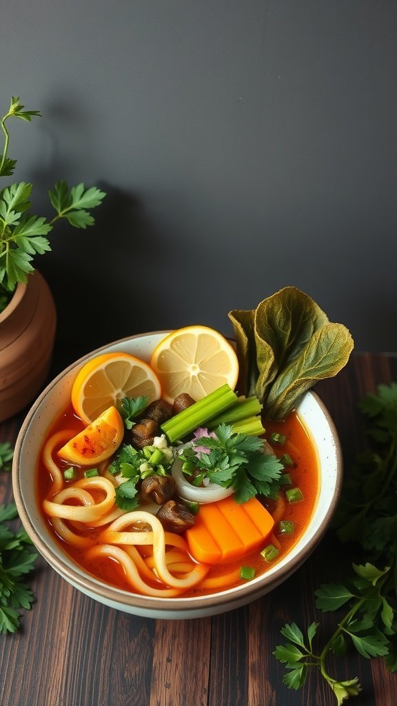 A bowl of vegetable ramen with lemon, celery, and colorful vegetables in a rich broth.