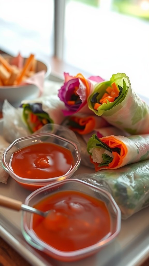 A platter of colorful vegetable spring rolls with dipping sauces