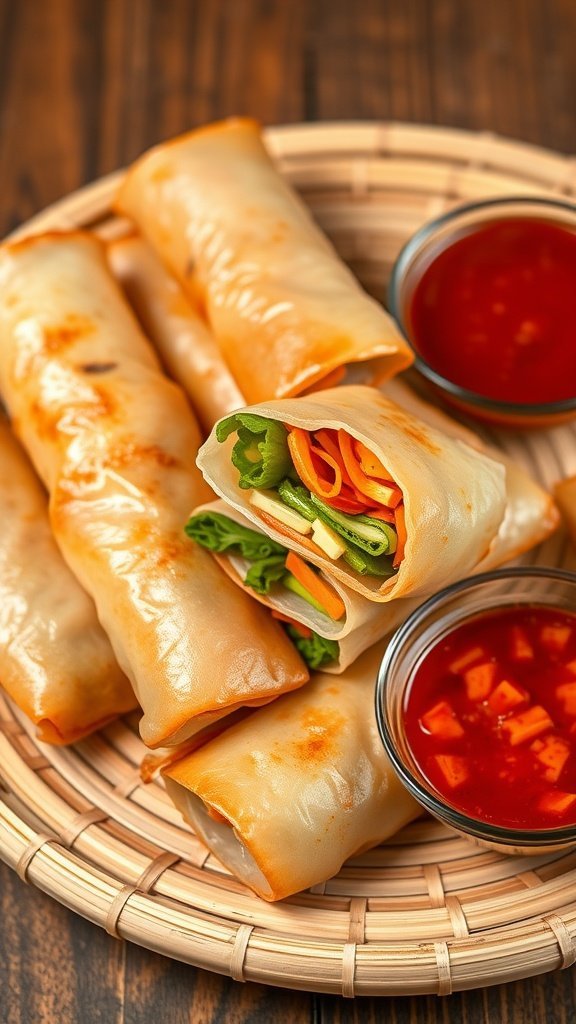 A close-up of vegetable spring rolls served with dipping sauce