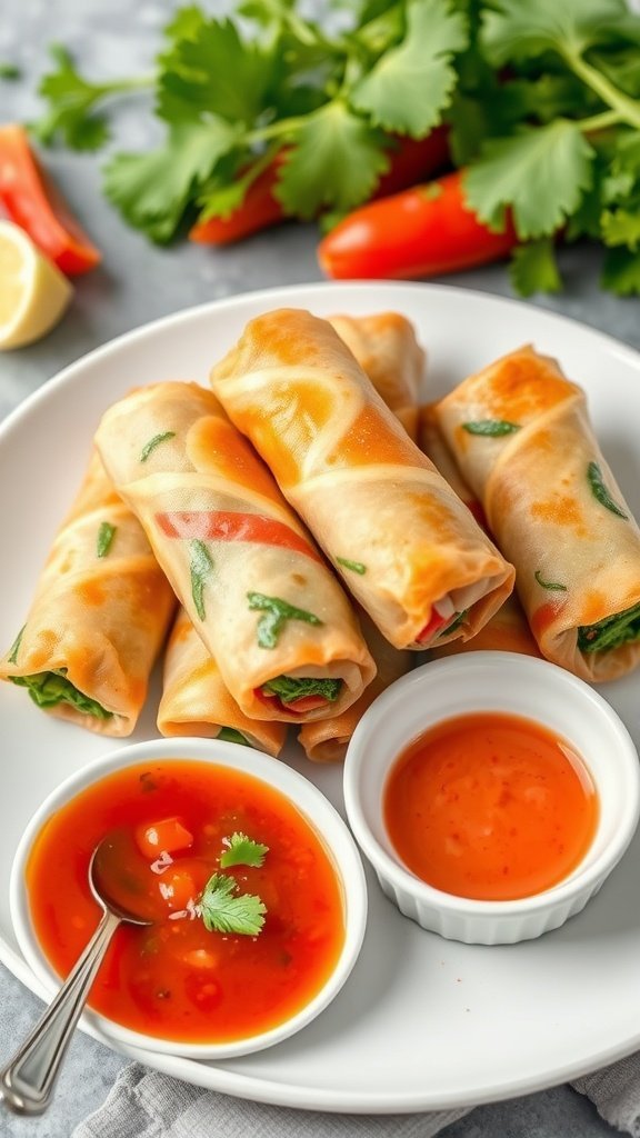 A plate of freshly made vegetable spring rolls with dipping sauce