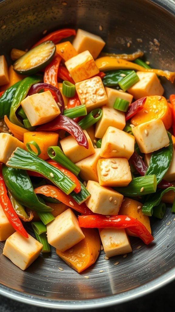A colorful stir-fry with tofu, bell peppers, and green onions in a stainless steel bowl