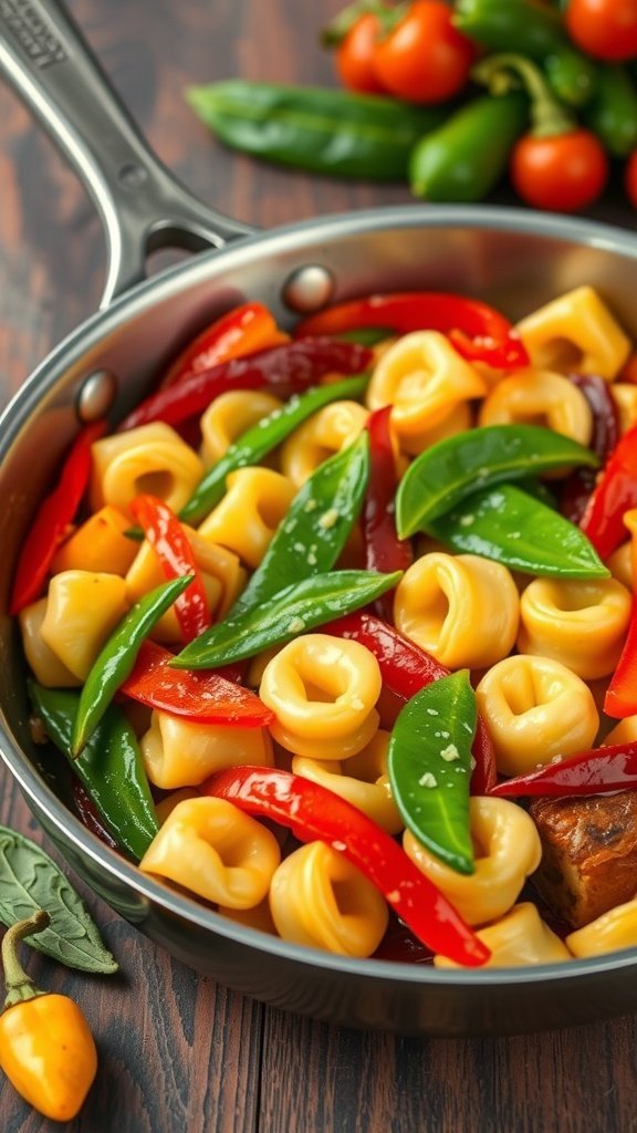 A colorful stir-fry with tortellini and fresh vegetables in a skillet.