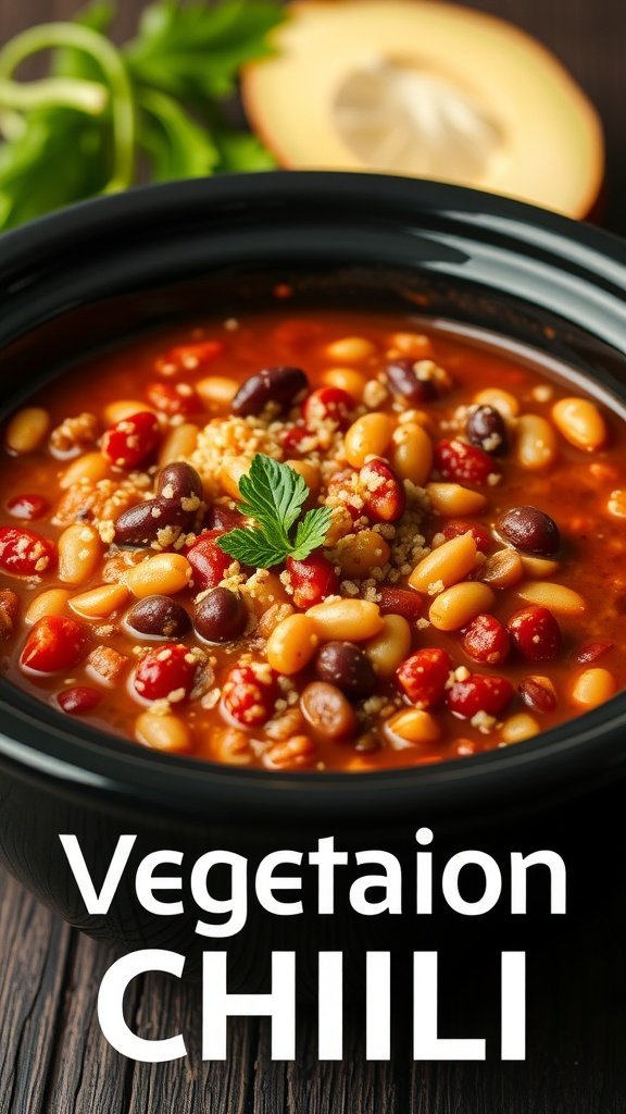 A bowl of Vegetarian Chili with beans and quinoa, garnished with parsley, on a wooden table.