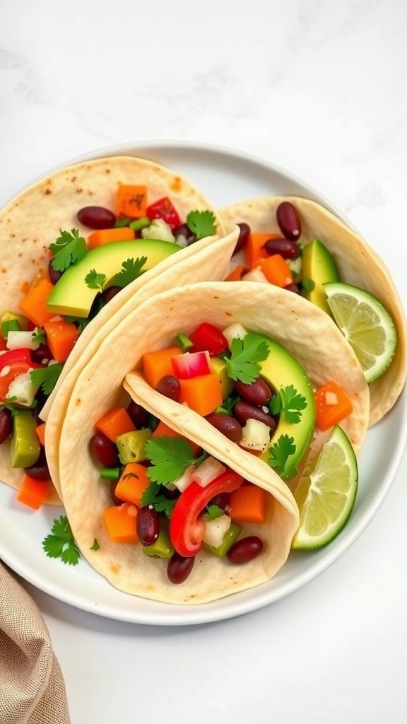 Three vegetarian tacos filled with colorful vegetables and a slice of lime on the side.