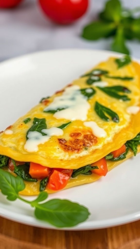 A close-up of a veggie-packed omelette on a plate, featuring spinach, bell peppers, and a drizzle of sauce.