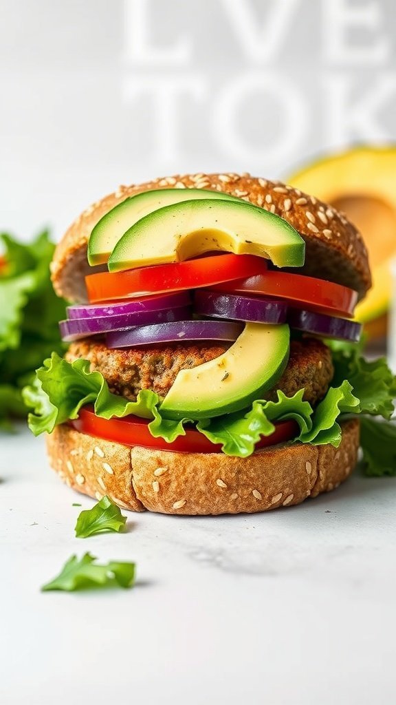 Veggie burger layered with avocado, lettuce, tomato, and purple onion on a sesame seed bun